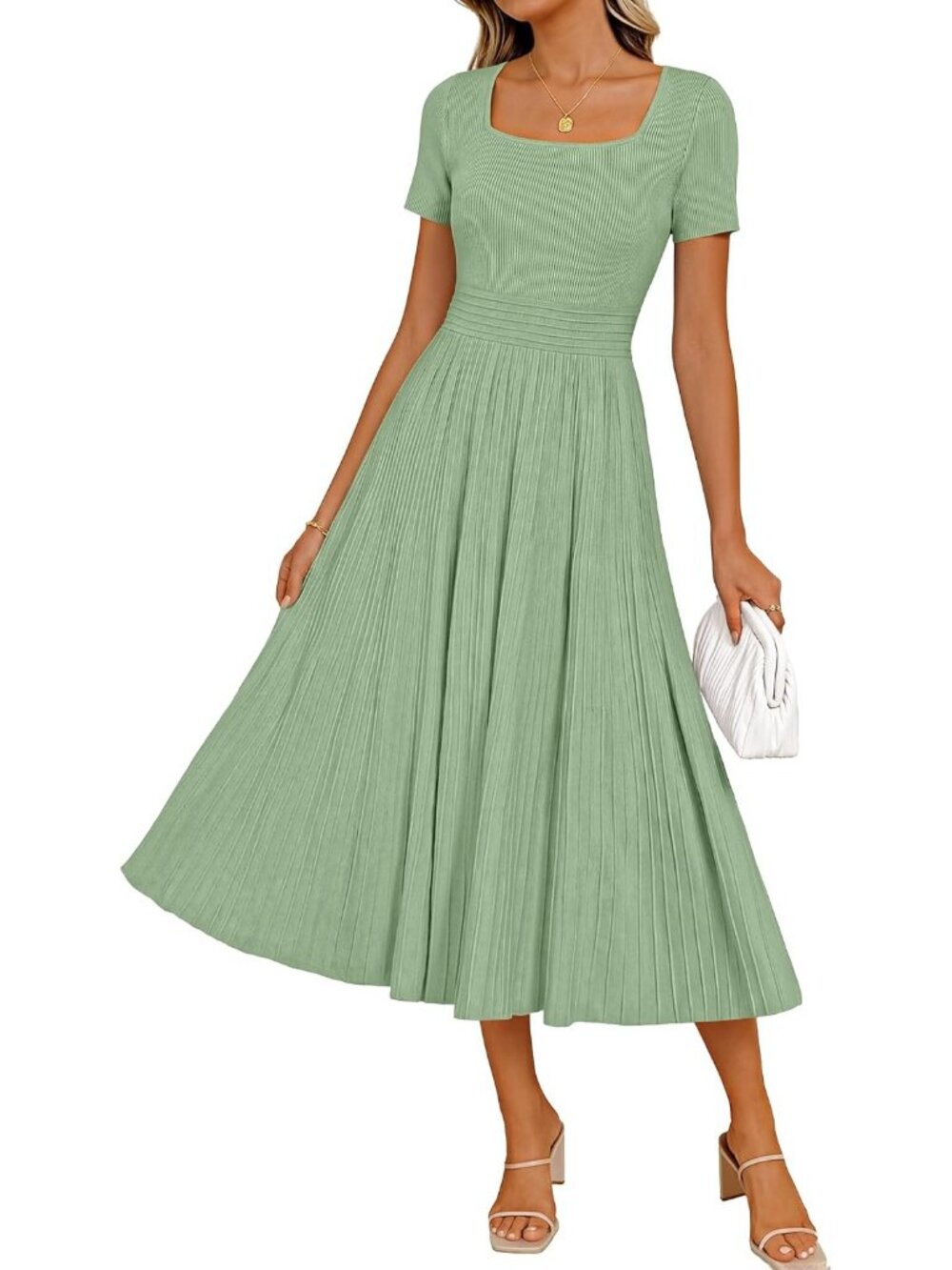 Women's Light Green Short Sleeve Square Neck A LINE Imported MIDI Sweater Dress